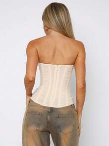 Women Y2k Strapless Bustier Corset Back Zip Mesh Boned Bodyshaper Tube Top .Y Going Out Bustier Tops - Màu be - Xem 5