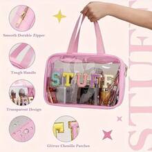 Ladies' School-Style Makeup Bag, Transparent Large-Capacity Travel Makeup Storage Pouch, Portable Toiletry Storage Bag, Machine Washable, Polyester Lining - Available In Pink Black And White