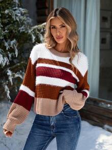 Women's Fashion Colorblock Striped Knit Ribbed Trim Sweater, Suitable For Holiday, Office, And Everyday Wear