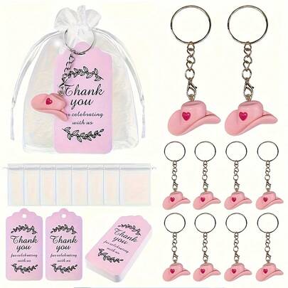 15pcs Pink Heart Cowboy Hat Keychain Set, Includes 5 Pink Heart Cowboy Hats, 5 Pink Cards And 5 White Mesh Bags. Suitable As Creative Gifts, Keychain Accessories, Birthday Party Favors, School Rewards, Birthday Celebrations, Weddings And Carnivals.