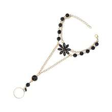 Fashion Flower Ring Integrated Bracelet Black Gemstone Lotus Interlocking Jewelry - 黑色 - 查看 3