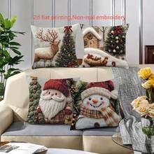 4 fundas de cojín con estampados de Papá Noel y muñeco de nieve en 2D (no bordados reales) de estilo moderno, de poliéster suave con cierre de cremallera, lavables a máquina, decoración navideña adecuada para el hogar, la sala de estar y la cama con escena invernal