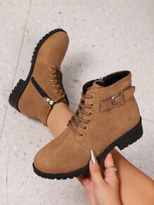 Lace-Up Side Zipper Casual Decorative Button Design Versatile Ankle Boots