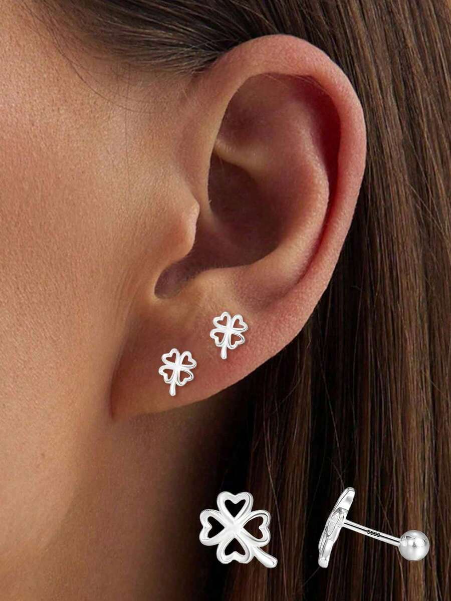 1 pieza Pendientes de botón de plata de ley 925, pendientes de botón de trébol de cuatro hojas calados, elegantes, de moda, de alta gama y de lujo ligero para mujeres, adecuados para reuniones, bodas o uso diario, como regalo