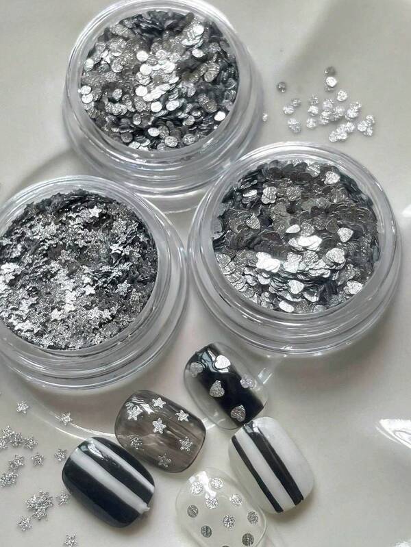 1/3 Box Autumn New Nail Art Decorations, Heart, Pentagram, Polka Dot Silver Nail Glitter, Shiny Silver Nail Accessories, Y2K Japanese Korean Metal Silver Glitter