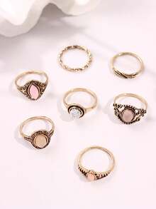 7pcs/Set Vintage Unique Luxurious Old Money Style Exquisite Bohemian Antique Gold Colored Gemstone Ring Set, For Women Daily Wear, Festivals & Parties