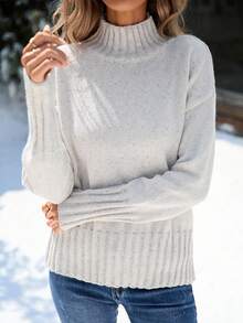 Women's Fashionable Solid Color Knit Ribbed Sweater, Suitable For Home, Daily Wear, Beach, Office