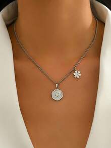 1 件时尚小花 & 白色贝壳 & 不锈钢吊坠项链，适合女士，甜美清新风格，情人节、妈妈、母亲、母亲节、礼物 - 金黃色 - 查看 3