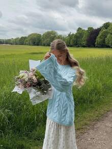 Senya Women's Solid Color Twist Knit Pullover Sweater, Loose Crew Neck Long Sleeve Knit Sweater, Casual, Holiday, Graduation, Back To School Minimalist Sweater Top - Baby Blue - View 2