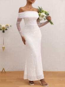 Love Aing White Off-Shoulder Mesh Sleeve Backless Sequin Maxi Dress For Wedding Party - White - View 3