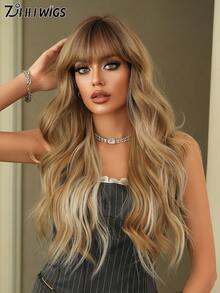 7JHH WIGS Long Wave Blonde White Highlight Wigs For Women - Loose Fluffy Wavy Curly Wig With Bangs Dark Roots, Full Machine High Density Synthetic Heat Resistant Fiber Hair Purple Red Wigs For Daily Wear,Halloween Cosplay & Music Festival Party Use 26 Inch - 挑染白色 - 查看 4