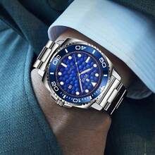 Relógio mecânico automático masculino RUIGE com pulseira de aço inoxidável, estilo empresarial e esportivo, calendário e visor luminoso - um presente de relógio azul perfeito para homens