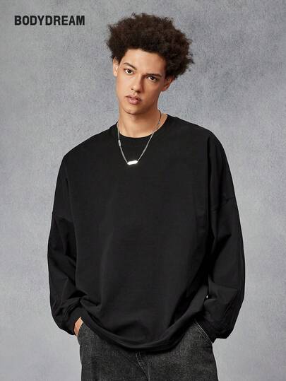 BODYDREAM Men's Heavyweight Cotton Crew Neck Long Sleeve T-Shirt, Minimalist