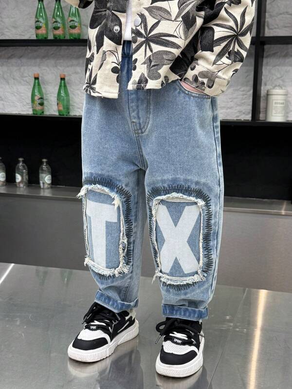 Jeans di moda con vestibilità ampia, effetto consumato e stampa a macchie e graffi per bimbi/bambini piccoli, primavera