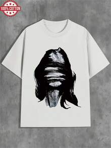 1PC 100% Cotton Abstract Figure Sketch Ink Print Ladies Short Sleeve TShirt  Artistic Fashion Tee Top - Blanco - Ver 1