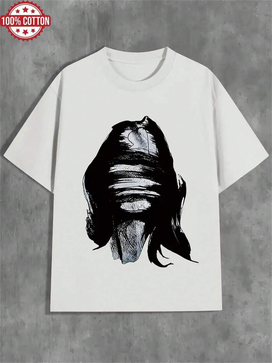 1PC 100% Cotton Abstract Figure Sketch Ink Print Ladies Short Sleeve TShirt  Artistic Fashion Tee Top - Blanco - Ver 1