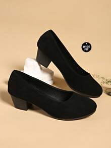Plus Size Women's Classic Solid Black High Heels - Round Toe Design - Size 36-43 - Premium Velvet Material, Smooth And Comfortable - Black High Heels, Solid Color Low Vamp Soft Bottom Wedge Thick Heel -On Shoes - Quality Material Comfortable To Wear - Thick Mid-Heel Non- Round Toe -On Shoes - Fashionable And Versatile