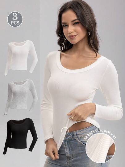 3 Peças Camiseta de Manga Longa com Gola Redonda e Borda Feminina, Tricô Canelado para as Quatro Estações, Estilo Simples e Versátil, Design Slim para Uso Diário no Trabalho, Conjunto nas Cores Preto, Branco e Cinza