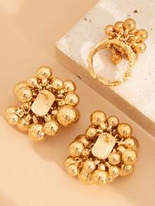 Set de 2 piezas de aretes y anillo con cuentas de diseño geométrico exagerado