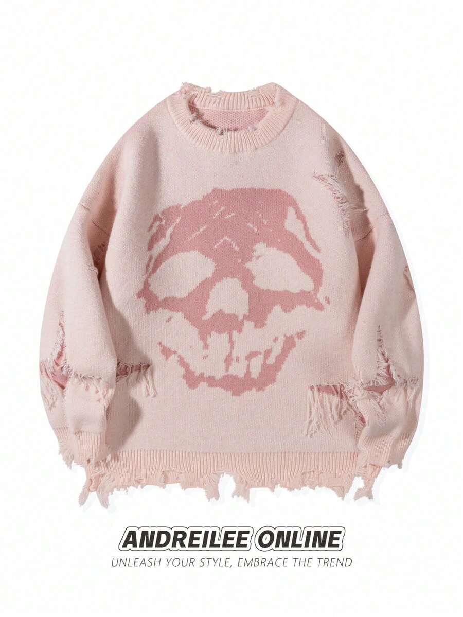 ANDREILEEANDREILEE Skull Graphic Distressed Fringe Crew Neck Casual Sweater For Men - Pink - View 1