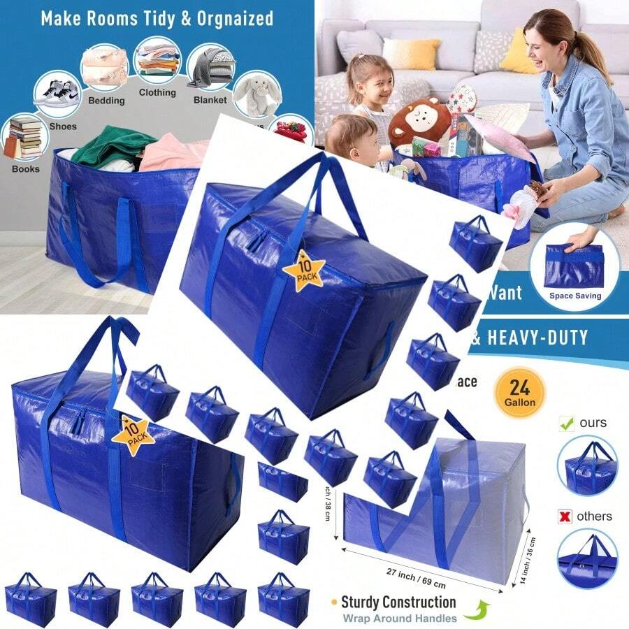 Moving Bags Heavy Duty Extra Large Cube Storage Tote for Space Saving Traveling Organizer with Zippers and Strong Carrying Handles Set of 10 - Paquete de 10 Azul - Ver 1