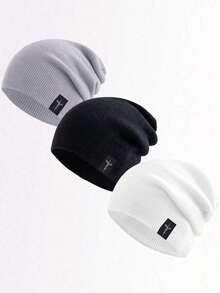 3 عبوات قبعة شتوية بشعار مضفر من الأكريليك، قبعة بيني مرتخية، قبعة محبوكة للرجال للخريف