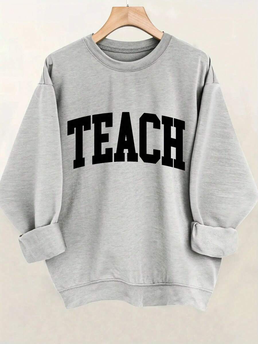 Sweatshirt Teach Printed Pullover Sweatshirt, Casual Long Sleeve Crew Neck Sweatshirt, Women's Loose And Comfortable Valentine's Day - xám - Xem 1