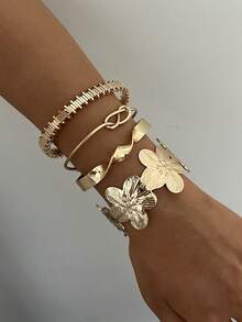 4pcs Vintage Exaggerated Floral Geometric Striped Twist Open Cuff Bracelet Set, Suitable For Women's Daily Wear, Gift, Stackable - Golden 22 - View 5