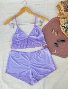 Lace Baby Doll Set Without Pads Sleeping Shorts Garter Belt Women's Lingerie Intimate Fashion - Dusty Purple - View 1