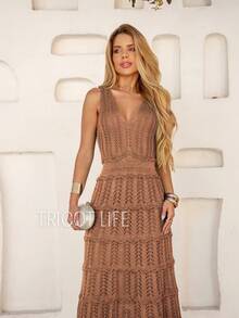 Women's Midi Dress Knit Summer Crochet Ruffles Party Beach Elegant - 摩卡棕 - 查看 4