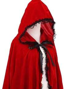Czerwona peleryna z kapturem i czarną koronką, wykwintne wykonanie, idealna do kostiumu Czerwonego Kapturka. Te peleryny są eleganckie i przyciągają wzrok, co czyni je idealnym wyborem na imprezy halloweenowe, występy i bale maskowe, gdzie z pewnością będziesz w centrum uwagi. - Czarna koronka czerwona - Zobacz 6