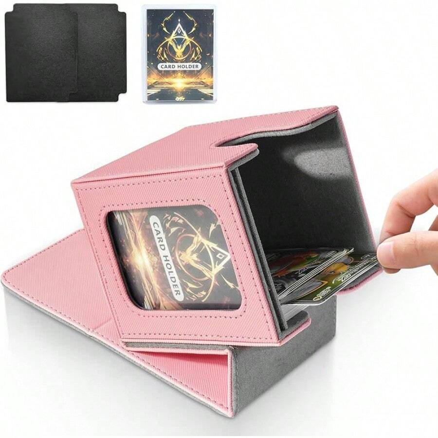 Magnetic Card Deck Box For TCG Storage, Holds 100 Double-Sleeved Cards - Pink & Gray - View 1