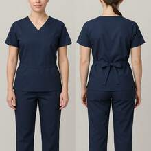 Women's Comfortable Microfiber V-Neck Scrub Scrub Set, Plain Short Sleeve Top And Regular Long Trousers With Slight Stretch - 海軍藍 - 查看 2
