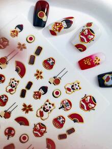 Tiebeauty 2张自粘DIY美甲贴纸：日式风格，包含狐狸面具、法人偶和传统饰品等日本元素，非常适合女孩们DIY美甲。 - 彩色 - 查看 7