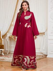 优雅的梭织面料长袍，缺口领，长袖，精致的刺绣细节，全长 Jalabiya 连衣裙 - 紅色 - 查看 2