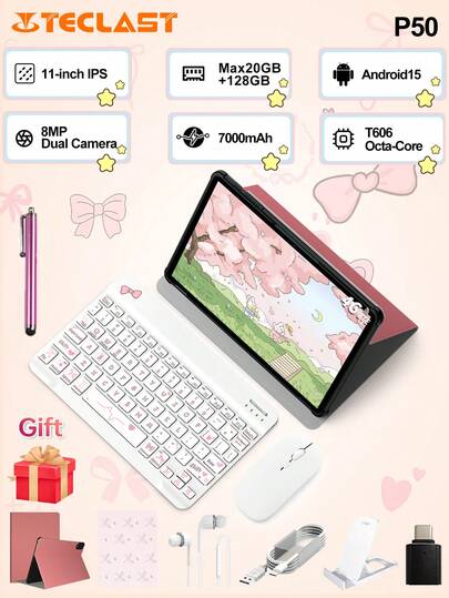 Teclast Teclast P50 New 11 Inch Android 15 Tablet (T606 8-Core,20GB(8GB+12GB Virtual) RAM,128GB ROM,1280*800 HD IPS Display,4G Dual SIM LTE, WiFi,7000mAh Battery,Type-C Charging Interface,5MP Front 8MP Back Camera )2in 1 Tablet PC,Pink Tablet Case ,With White Keyboard &Wireless Mouse,Mouse Pad Accessories Bundle