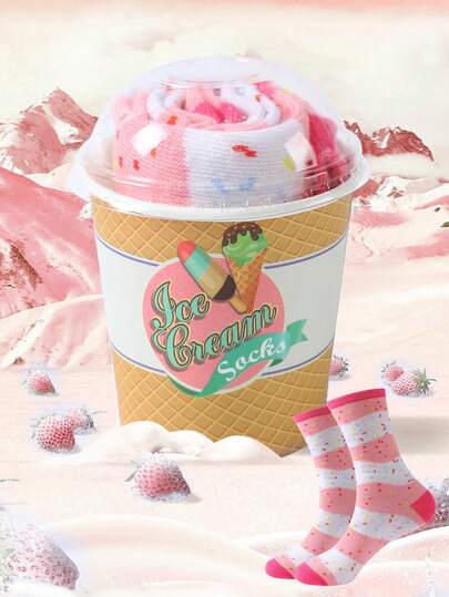 1 Pair Multicolor Mid-Calf Gift Socks, Unisex Couples Gift Box, Soft Ice Cream Novelty Socks, Imaginative Food-Inspired Creative Design, Comfortable & Versatile, Suitable For Birthday, Valentine's Day, Easter, Ramadan, Date, Family Gathering, Party, Holiday