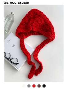 1 件女士纯色厚针织护耳拉法帽，秋冬新款保暖修脸针织帽，简约纯色拉法帽针织保暖耳罩头饰