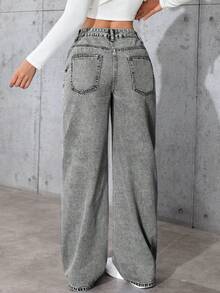 女士水洗灰色长款直筒休闲牛仔裤，无弹力，时尚口袋细节和抽绳设计，适合万圣节、圣诞节、新年、感恩节等场合。 - 灰色 - 查看 3