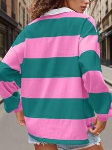 Y2k Women Striped Rugby Polo Shirt Long Sleeve Collared Oversized Vneck Sweatshirt Vintage Jersey Girls Streetwear - 彩色 - 查看 3