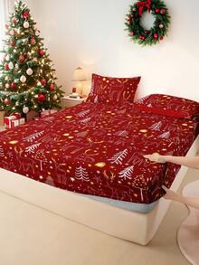 1pc Christmas Bow Reindeer Christmas Tree Print Fitted Sheet, Bedding, Fitted Sheet, Mattress Cover, Soft And Comfortable Bedding For Bedroom Mattress Protector Fitted Bed Sheet Only, Machine Washable