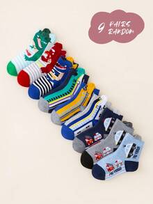 3/6/9 Pairs Baby/Toddler Socks, Car/Dinosaur/Cartoon Pattern Decor, Classic Minimalist Design, Breathable Comfortable Soft Skin-Friendly Fashion Versatile Socks, Suitable For Daily Life, Holidays, Back To School, Outdoor Play, Casual Wear, Random Color & Style