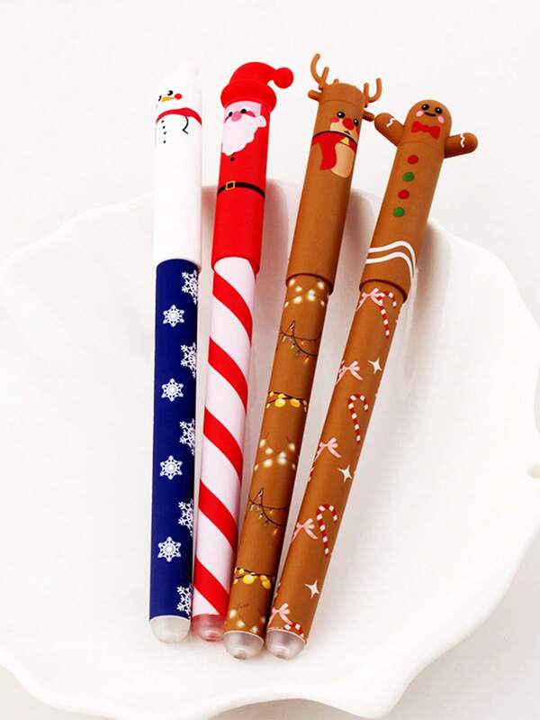 4pcs New Christmas Gel Pens Set, Cartoon Cap Erasable Pen With Comfortable Grip And Built-In Eraser, Suitable For Children Writing And Exams