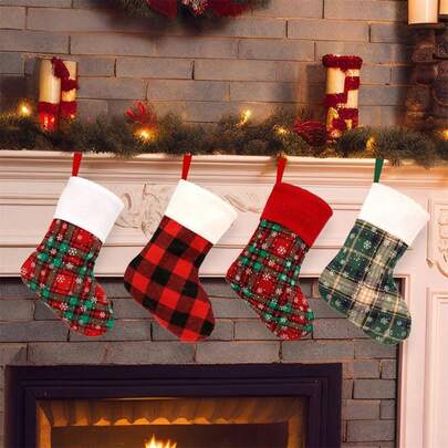 4Pcs Christmas Stockings Snowflake Plaid Stocking Bag Cute Hanging Decor For Fireplace Tree Party Holiday Home Ornaments