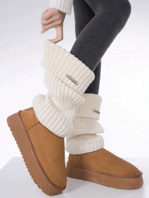 1 Pair Solid Color Knitted Leg Warmers With Metal Tag, Y2K Thick & Warm, Suitable For Women In Autumn/Winter, Fashion Versatile Leg Warmers