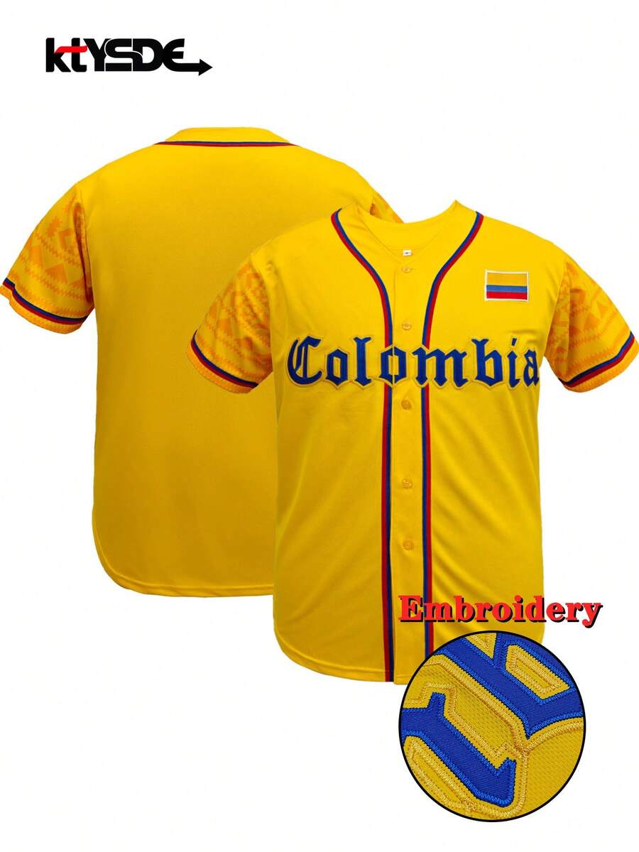 KTYSDE 男士黄色棒球衫，哥伦比亚字母刺绣宽松V领短袖纽扣开衫，哥伦比亚风格运动上衣，适合运动和休闲街头时尚，棒球迷礼物，男女通用