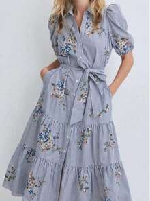 Plus Size Women Elegant Blue & White Striped Button Front Ruffle Hem Short Sleeve Shirt Dress