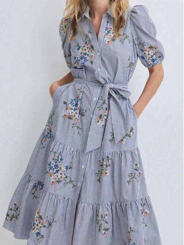 Plus Size Women Elegant Blue & White Striped Button Front Ruffle Hem Short Sleeve Shirt Dress