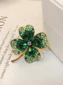 "Exquisite Four-Leaf Clover Brooch For Women, High-End Sparkling Green Suit Pin, Elegant Lucky Clover Pin Accessory For Formal & Casual Outfits" - màu xanh lá - Xem 4