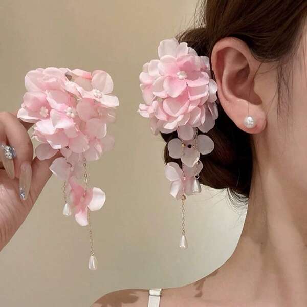 Grampo de cabelo feminino com temperamento fresco, elegante e simples, de hortênsia rosa, com pérolas artificiais, adequado para uso diário, escola em casa, férias à beira-mar, presilhas, garras de cabelo, presilhas de cabelo, presilhas de cabelo